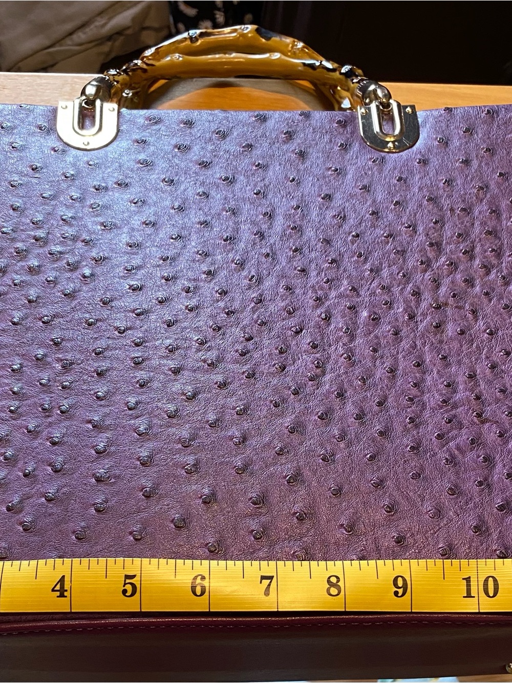 Purple Ostrich-Texture Tote Bag with Gold Accents and Bamboo Handles 13x10x4